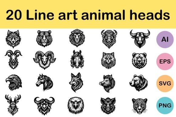 Download 20 Line Art Animal Heads - Line art Collection