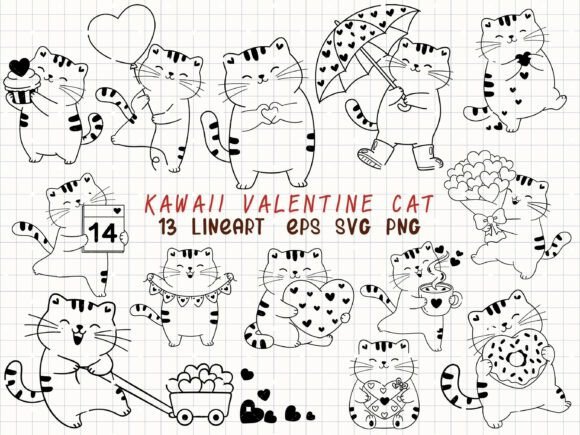 Download Kawaii Valentine Cat Line Art SVG - Line art Collection