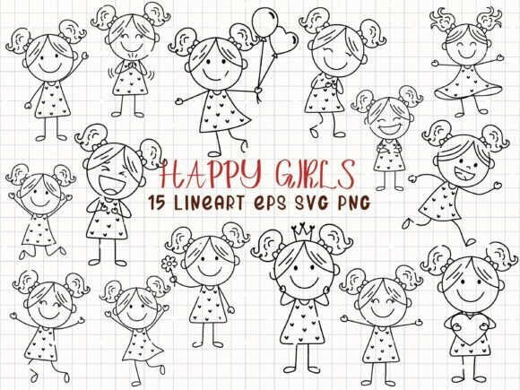 Download Happy Girls Line Art Stick Figure Girl - Line art Collection