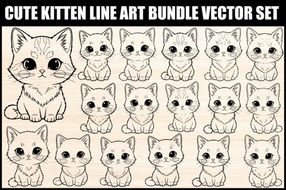 Download Cute Kitten Line Art Bundle Vector Set - Line art Collection