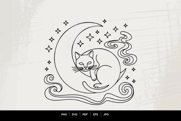 Download Celestial Sleeping Cat Moon Line Art SVG - Line art Collection